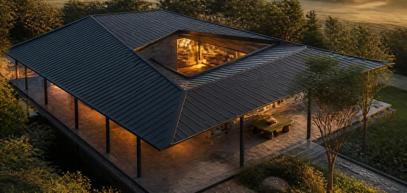 Cobertura metálica contemporânea vista ao entardecer